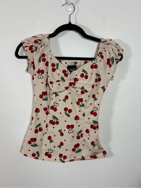Collectif Cream Cherry-Print Sweetheart Crop Top